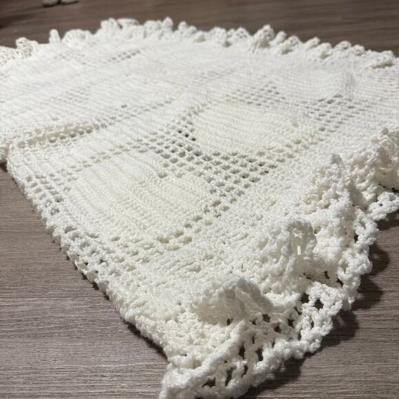 other Other - Vintage Handmade Crochet Heart Afghan Throw Blanket White/Shimmer LaceEdge 52x34